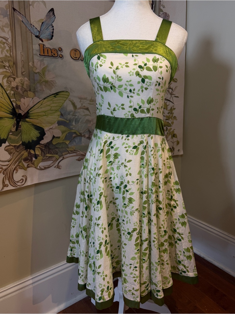 Green Leaf Print A-Line Sundress